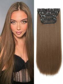 4 piezas/set Extensiones de cabello liso suave de 20 pulgadas, extensiones de cabello sintético liso grueso con clip para mujeres, piezas de cabello postizo con clip para toda la cabeza, extensiones de cabello sintético - Multicolor - Ver 13