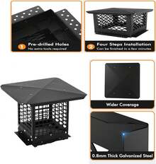 Tapa de chimenea cuadrada de 9 x 9 pulgadas, de acero galvanizado, con base ajustable y cubierta de malla para conductos de arcilla existentes, color negro. - Negro - Ver 2