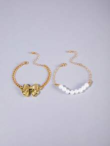 2pcs Gold Vintage Coin Style CCB Faux Pearl Beaded Bow Bracelet Set For Women, Suitable For Party, Gathering, Gift (Faux Pearl Quantity & Size Varies)