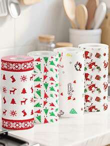 Christmas Kitchen Paper Towels, 3-Ply Thickened Roll, Disposable Kitchen Cleaning Dry & Wet Dual-Use Household Thickened Roll Paper, Disposable Kitchen Paper Towels, Washable Dry & Wet Dual-Use, Cleaning Supplies, Random Style Selection, Christmas Family Cleaning Tools, Christmas Gift, Christmas Decorative Paper Towels - Multicolor - View 2