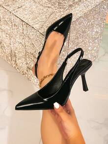 Wide Fit Women's Fashion Pointed Toe Slingback Shiny Black Mirror Heel High Heels Shoes For Party And Occasions - Black - View 1