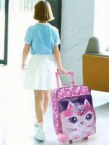 BLING BABIES Kids Rolling Luggage, With Wheels, Sequin Material, Dual Pink Cat Pattern, With Glow-In-The-Dark Feature, Elementary School Cabin Suitcase, Suitable For Weekend Getaways And Travel - Pink - View 10