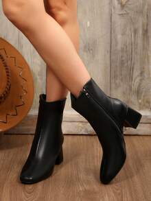 FVPFVP 2024 秋冬新款法式优雅高跟踝靴，女士皮革鞋面，粗跟，专业时尚设计 - 黑色 - 查看 7