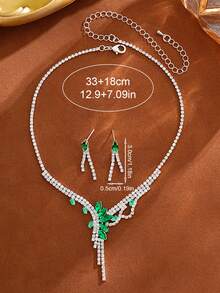 Conjunto de collar y aretes de lujo con rhinestones de cobre, joyería nupcial y de boda, diseño de gota verde con diamantes completos, accesorios de moda para vestido de noche, set de 2 piezas