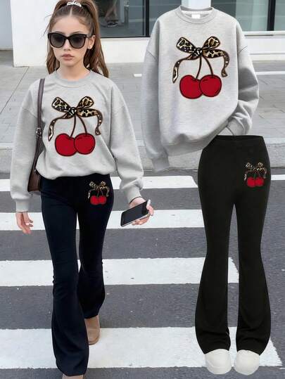 2pcs/Set Girls' Sweet & Fresh Cherry Print Sweatshirt Set, Soft & Skin-Friendly, Casual Everyday Wear For Spring & Autumn