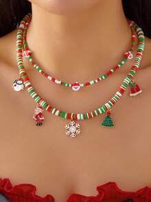 1 buc Lanț Reglabil din Aliaj cu Mărgele din Lut Polimeric, Colier cu Pandantiv de Crăciun cu Mai Multe Straturi, Moș Crăciun, Brad de Crăciun, Om de Zăpadă - Colier la Modă și Versatil pentru Femei, de Crăciun, Sărbători, Petrecere, Evenimente, Bijuterii Choker - Cadou (Culoare Aleatoare)