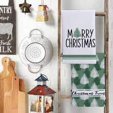 1 pièce/2 pièces/24 pièces Serviettes de cuisine à motif de gaufre de Noël, serviettes absorbantes imprimées avec sapin de Noël vert pour la décoration de Noël