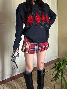 女士经典菱形针织毛衣、红蓝格子上衣，适合冬季穿着 - 藏蓝色 - 查看 4