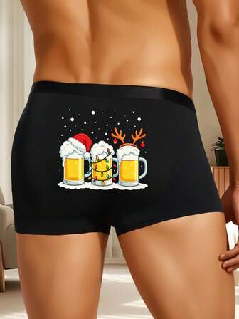 1 Piece Of Christmas-Themed Fun Beer Printed Boxer Briefs, Soft And Comfortable Shorts, Daily Home Underwear, Suitable For Exercise And Camping, Perfect Christmas Gift For Boyfriends
