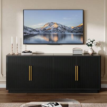 Soporte para TV de hasta 80 pulgadas, centro de entretenimiento con 4 puertas acanaladas, consola multimedia moderna de 70 pulgadas con amplio espacio de almacenamiento para sala de estar.
