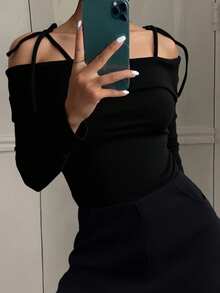 Livesso Women's Off Shoulder Tie Front T-Shirt, Black, Spring/Summer,Fall Clothes Going Out Tops - Black - View 5