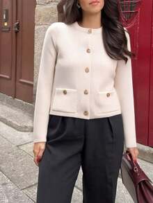 Nuevo Seelio Cardigan de punto con acento de botón dorado, para otoño/primavera - Beis - Ver 2