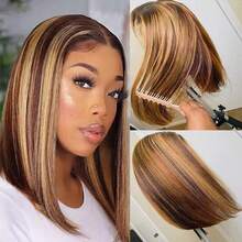 YGQWD 14inch Straight Short Bob 200% Density 13x4 427 Blonde Wig Human Hair Heat Pertence Highligh Lace Front Wig New Fall Fashion Women Highlight Human Hair Wig Blended Hair Clavicle Hair Wig - 間色 - 查看 3