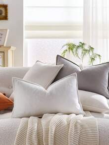 1pc Velvet Edged Throw Pillow Cover Solid Square Cushion Case For Sofa, Bedroom And Car - White - View 7