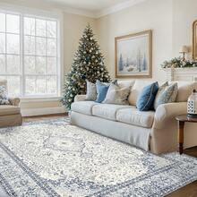Gdieo Area Rugs For Living Room, Machine Washable Vintage Floral Carpet, Non-Slip Low Pile Throw Rugs With Rubber Backing Washable Carpet For Bedroom Room, Navy Blue And White Rug For Home Decor. - Blue - View 3