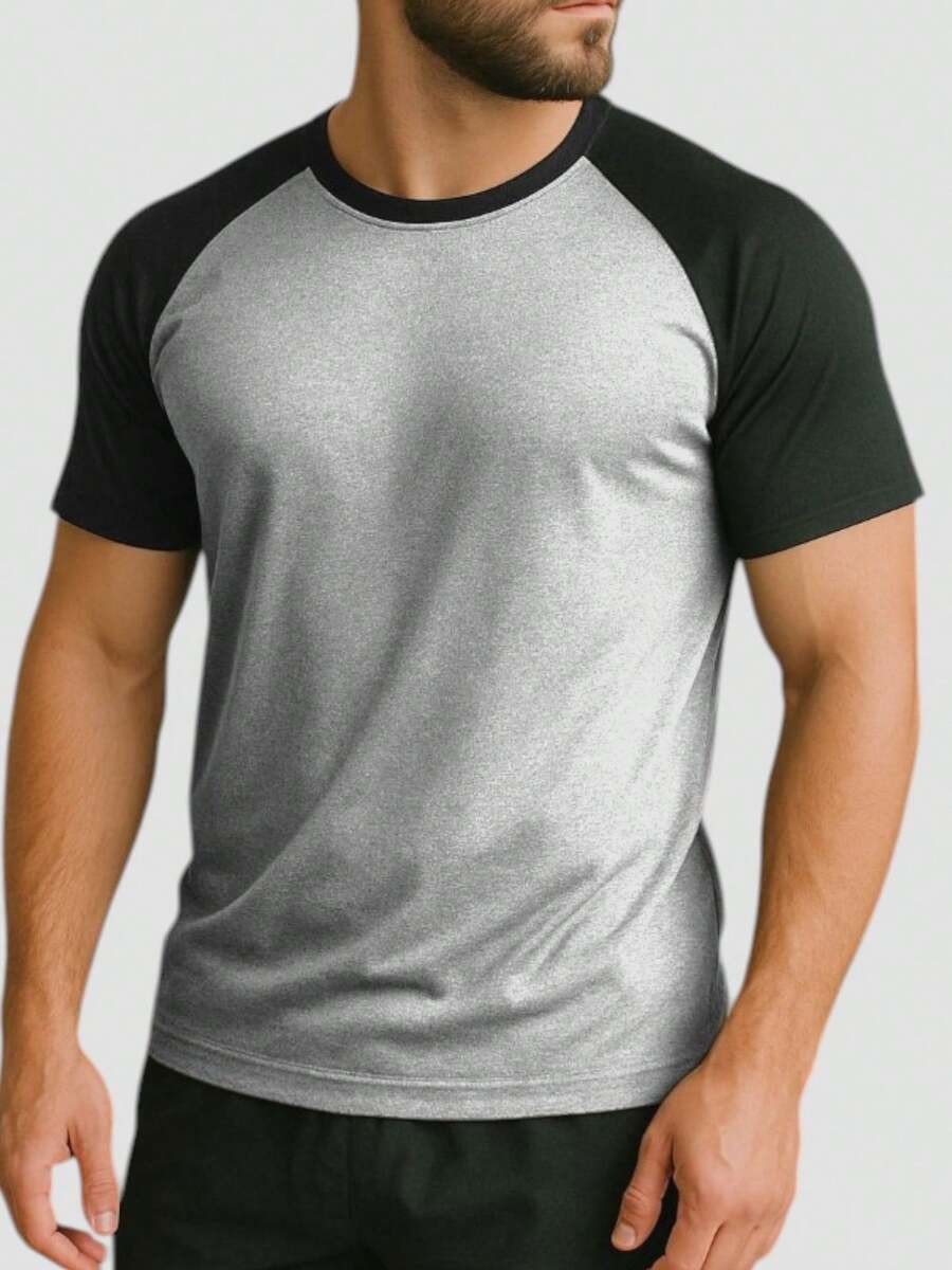 Men's Raglan Dry Fit Gym Fitness Two-Color Workout T-Shirt - 銀灰色/黑色 - 查看 1