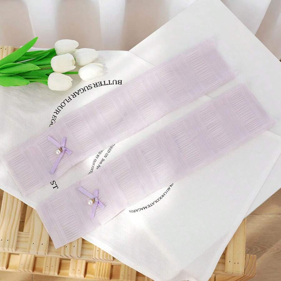 1pc Women's Ice Silk Sunscreen Sleeve With Bow, Long Ice Sleeves, Pearl Style Arm Sleeves For Summer Outdoor