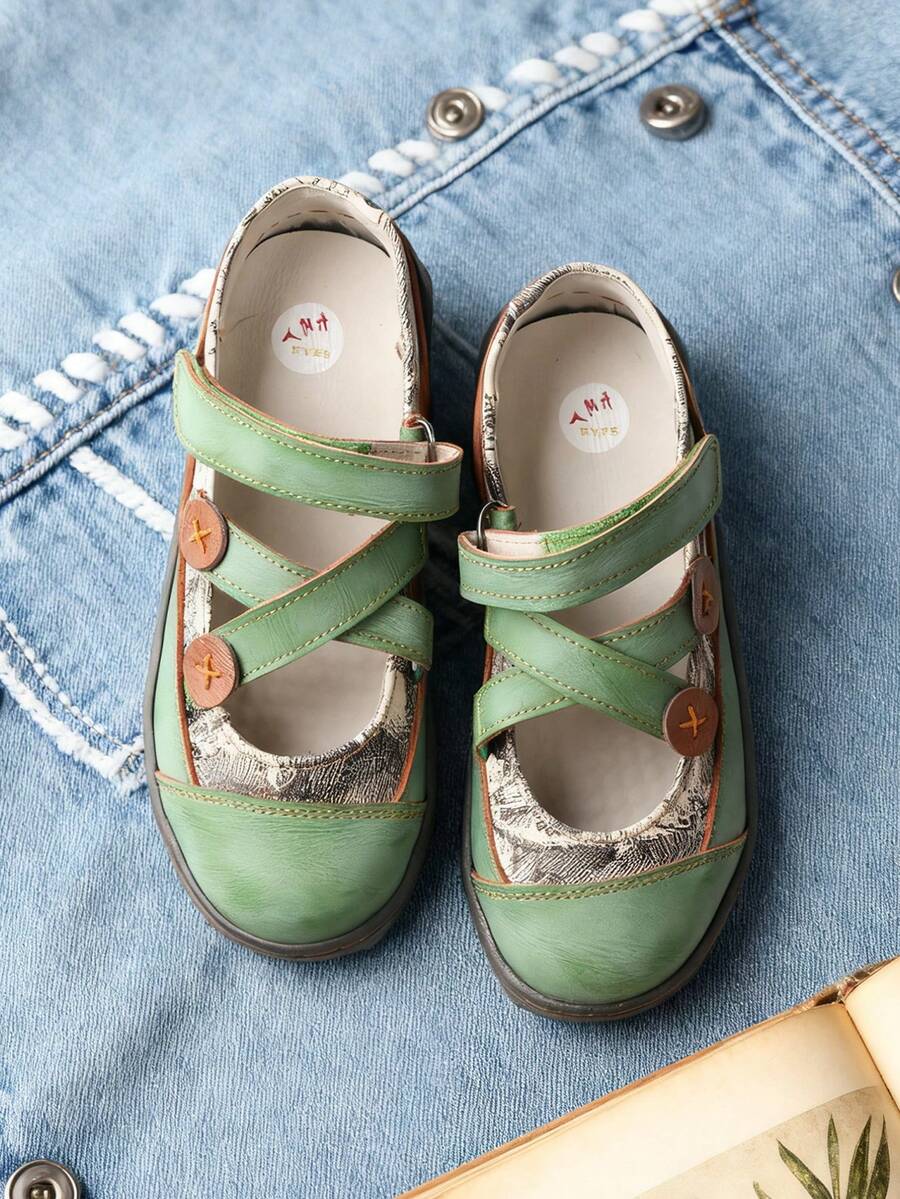 1 Pair TMA EYES Women's Green Vintage Newspaper-Print Mary Janes - Crisscross Strap With Button Accent, Adjustable Flat Shoes For Retro Chic Style - 綠色 - 查看 1