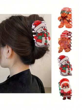 1/2pcs Christmas Snowman & Gingerbread Man Cartoon Hair Clips, Versatile Use, Cute Retro Elegant Design, Suitable For Ponytail, Autumn/Winter, Halloween, Christmas, New Year, Fashion Hair Accessories For Women Fashion Claw Clips Winter Hair Clutch