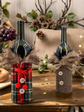 1/2pcs Christmas Knitted Wine Bottle Cover With Collar Plush Plaid Bottle Clothes Cover For Table Christmas New Year Home Supplies 2026