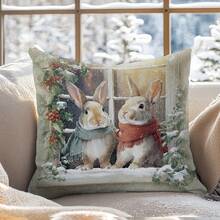1 pieza Funda de cojín de ventana de conejo de invierno navideño, material de terciopelo de melocotón con impresión unilateral, 45*45CM/18*18 pulgadas, adecuado para decoración de habitación, decoración minimalista moderna de sala de estar, regalo