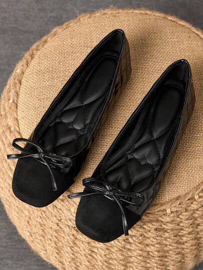 MonaNise 女士时尚方头平底鞋，饰有蝴蝶结，撞色设计，休闲户外百搭，有棕色、米色、黑色、白色、酒红色、卡其色可选