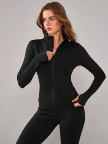 NcmRyu 1 Set Women's Fashion Elastic Zipper Casual Stand Collar Design Waist Cinching Butt Lifting Fitness Yoga Sportswear Set - Black - View 10