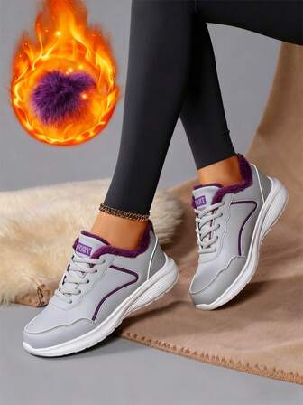 Zapatos deportivos para mujer para exteriores, con forro cálido, suela gruesa, botas de nieve de caña baja, zapatos de viaje con cordones para otoño/invierno