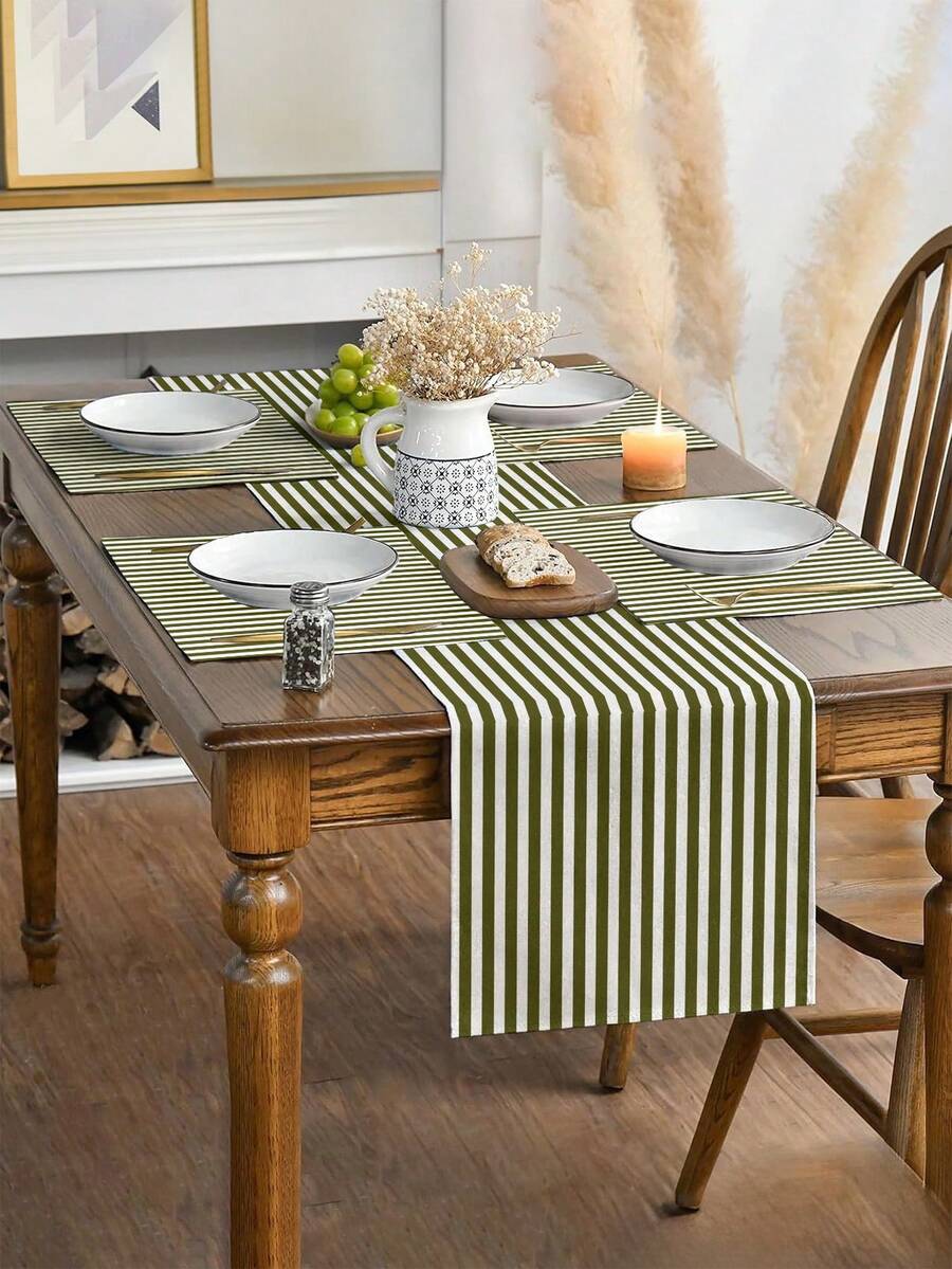 1pc Vibrant Olive Green And White Striped Table Runner, Textured Rectangular Tablecloth, Suitable For Dining Table, Coffee Table, Home Decor - Durable Kitchen And Dining Room Decoration, Table Setting - Olive Green - View 1