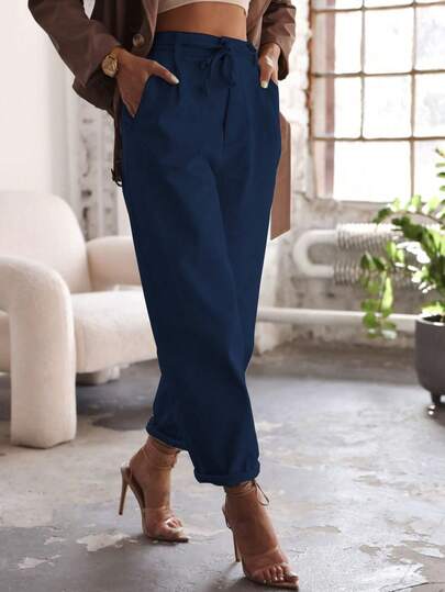 Pantalon droit à cordon de serrage en tissu tissé non stretch bleu pour femmes