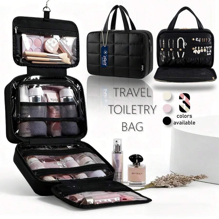 Travel Toiletry Bag & Makeup Bag With Jewelry Storage , Portable Hanging Organizer For Full-Sized Shampoo, Conditioner, Brushes Set, Makeup Accessories,Travel Essential,Large Size - màu đen - Xem 1