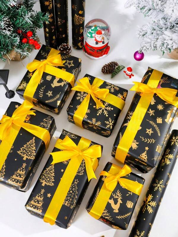 6pcs/12pcs Christmas Gold Foil Gift Wrapping Paper - Each 19.69 Inches X 27.56 Inches, With Black And Gold Reindeer, Christmas Tree, Snowflake Patterns - Ideal For Holiday Gifts, Birthdays, Party Decorations And Christmas Gift Boxes, Holiday Gift Wrapping, Elegant Wrapping Paper, High Quality Paper, Christmas Wrapping Paper