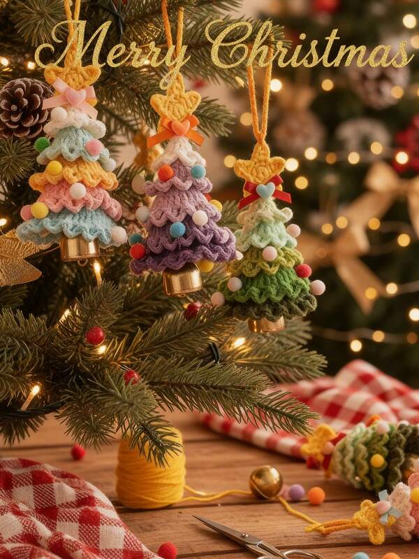 1pc Random Color Handmade Crochet Christmas Ornament With Jingle Bell, Handmade Crochet Keychains Small Pendant Christmas Tree Hangings Decoration, Suitable For Christmas Party Decor, Car Interior Decoration, Xmas Tree Decoration, Festive Gift, Craft Lovers