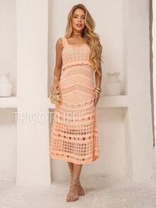 Women's Summer Midi Dress Crochet Knit Premium Lace Lined Thin Strap Elegant Party Beach Chic New Year's Eve Christmas - 珊瑚橙 - 查看 8