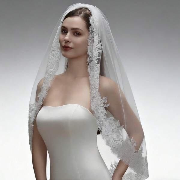 نقاب دانتيل فاخر بنقشة زهرية ثلاثية الأبعاد مصنوعة يدويًا، حافة أنيقة، نقاب عروس بسيط مع دانتيل فرنسي عتيق راقي، توليل ناعم للصور الفوتوغرافية للعروس وحفل الزفاف