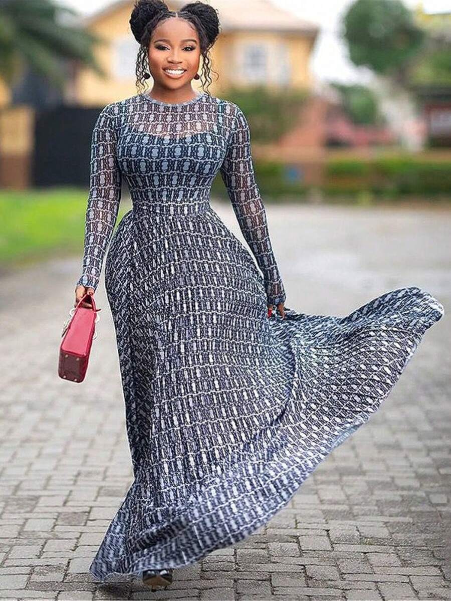 Versatile Women's Waist Bag Hip Street Round Neck Long Sleeve Micro Transparent Dress - 黑色 - 查看 1