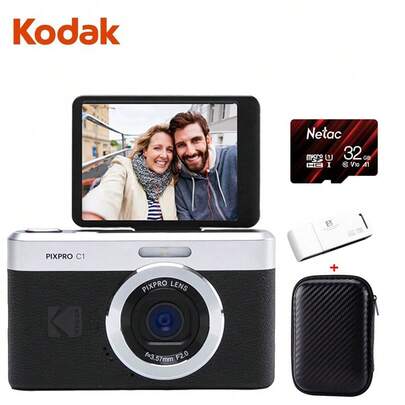 Kodak C1 Camera, 2.8-Inch Flip Screen, 13MP, 26mm Wide Angle, 1080P HD, Ultra-Thin Portable Selfie Digital Camera, Black Set