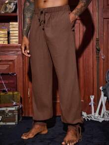 Runcati Men's Medieval Viking Pirate Pants Banded Ankle Lace Up Cotton Renaissance Gothic Halloween Costume Trousers - 棕色 - 查看 2