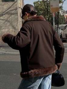 Livesso 女式宽松夹棉大衣，配拼布毛领人造皮草大衣夹克 - 棕色 - 查看 3