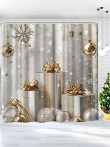 1/4 件套豪华金色圣诞浴帘套装，圣诞礼物，包含 12 个挂钩、防滑浴垫和 U 型马桶座套 - 适合冬季假日家居装饰 - 彩色 - 查看 13