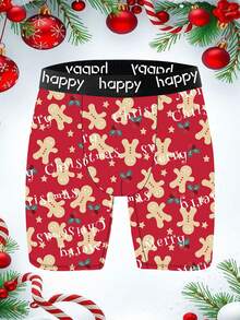Men's Funny Gingerbread Print Shorts, Made Of Polyester Stretch Fabric, Soft And Skin-Friendly, Quick-Drying And Breathable, Perfect Christmas Gift. Paired With Letter Jacquard Waistband, These Playful And Cute Men's Long Boxer Briefs Are Ideal For Home And Casual Wear. - Red - View 2