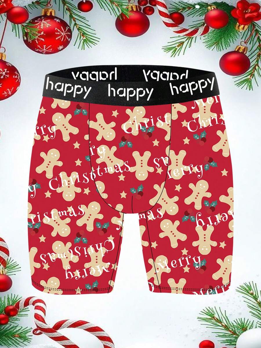 Men's Funny Gingerbread Print Shorts, Made Of Polyester Stretch Fabric, Soft And Skin-Friendly, Quick-Drying And Breathable, Perfect Christmas Gift. Paired With Letter Jacquard Waistband, These Playful And Cute Men's Long Boxer Briefs Are Ideal For Home And Casual Wear.
