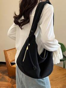 Foldable Velvet Handbag With Drawstring Shoulder Strap, Large Capacity, Vintage Style, Suitable For School, Commute, Autumn Season - Black - View 3