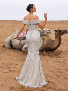 Faeriesty Đầm dạ hội đuôi cá trễ vai thanh lịch đính sequin và hạt cườm, cổ áo hình trái tim và điểm nhấn ngọc trai giả – Chân váy xòe đuôi cá ấn tượng, thích hợp cho đám cưới, dạ hội, tiệc trang trọng và các sự kiện thảm đỏ mùa xuân. - Màu be - Xem 3