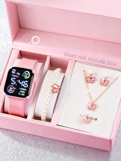 6/1 Stück Modische Sport Einfache LED Digital Anzeige Quadratische Elektronische Uhr für Mädchen, geeignet zum Tragen, ausgestattet mit Schmetterling Schmuckset bestehend aus Armband, Halskette, Ring und Ohrringen, geeignet für Schülerinnen, sehr passend für tägliche Dekoration wie Schule, Partys und Reisen. Geburtstagsgeschenke, Abschlusszeit, Valentinstag, Weihnachten, Halloween - das perfekte Geschenk für Mädchen