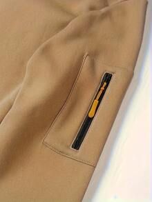 Men's Casual Hooded Zipper Cardigan Jacket - Lightweight Loose Solid Color With Front Pocket And Orange Accents, Suitable For Spring And Autumn, Daily Casual Durable Comfortable Coat - 卡其色 - 查看 4