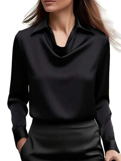 Elegant White Satin Drape Collar T-Shirt - 100% Polyester, Machine Washable, Suitable For Casual And Professional Wear, Comfortable All Season