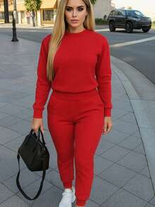 Conjunto de pants  Sudadera y pantalón  Felpa suave  Cuello redondo Estilo cómodo  Conjunto deportivo - Rojo - Ver 2