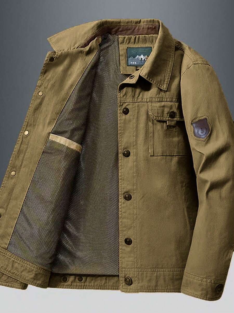 Autumn/Winter New Men's Long Sleeve Jacket, Lapel Casual Fashion Versatile Jacket, Multi-Pocket Military Green Button Jacket, Retro Jacket