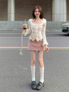 Women's French Lace Trim Long Sleeve Fitted Cardigan Sweater, Suitable For Autumn/Winter, Sweet Girly Style, Suitable For Daily Wear And Dates, Long Sleeve Top - Apricot - View 6